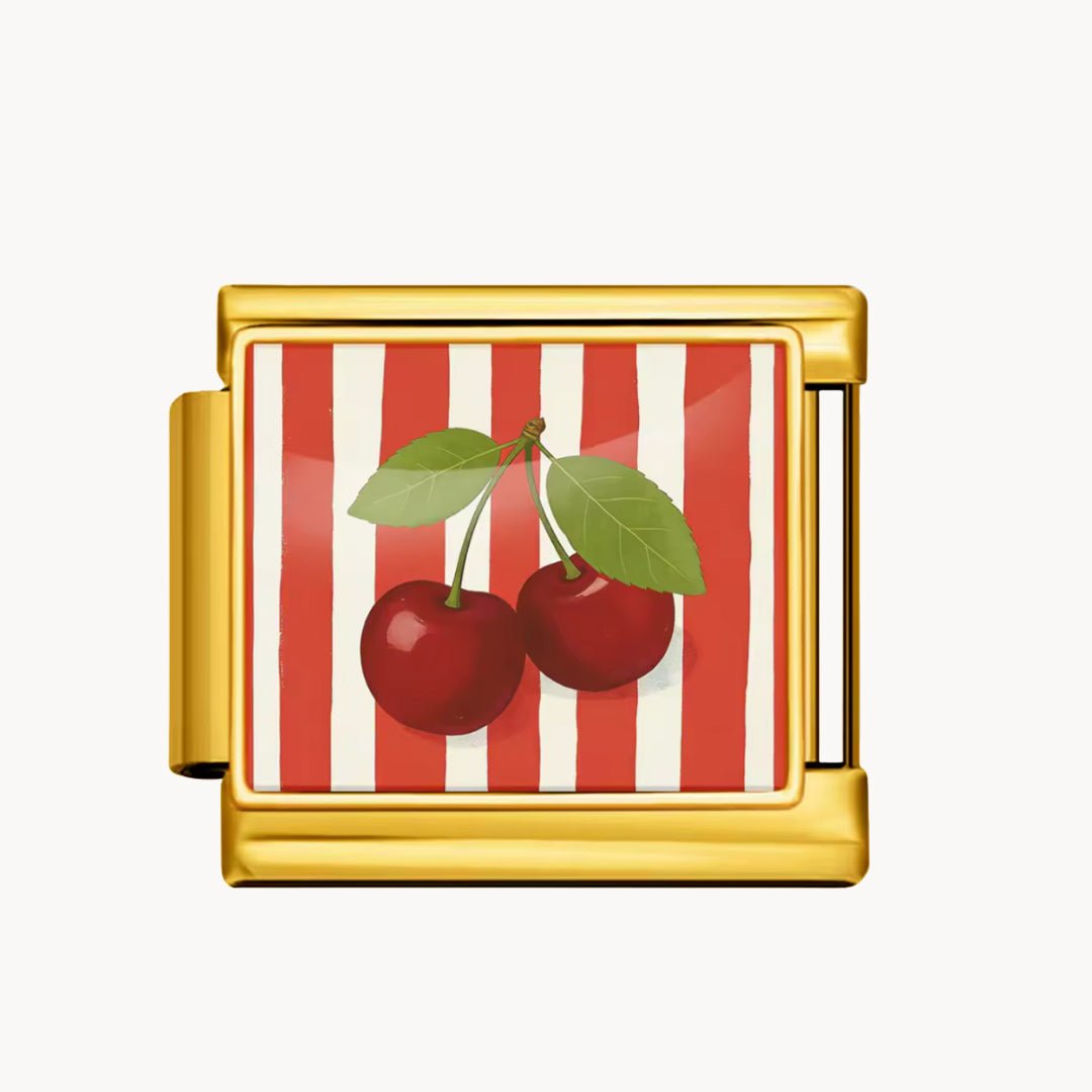 Charm italien Charm cerises rayées : deux cerises rouges à feuilles vertes sur rayures rouges et blanches
