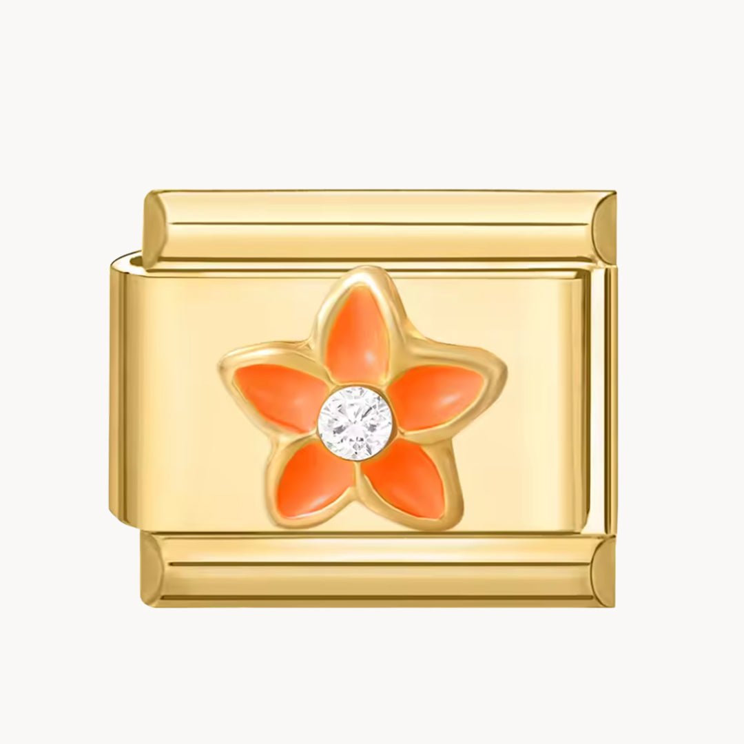 Charm italien Charm fleur orange : fleur orange à cinq pétales avec un strass au centre