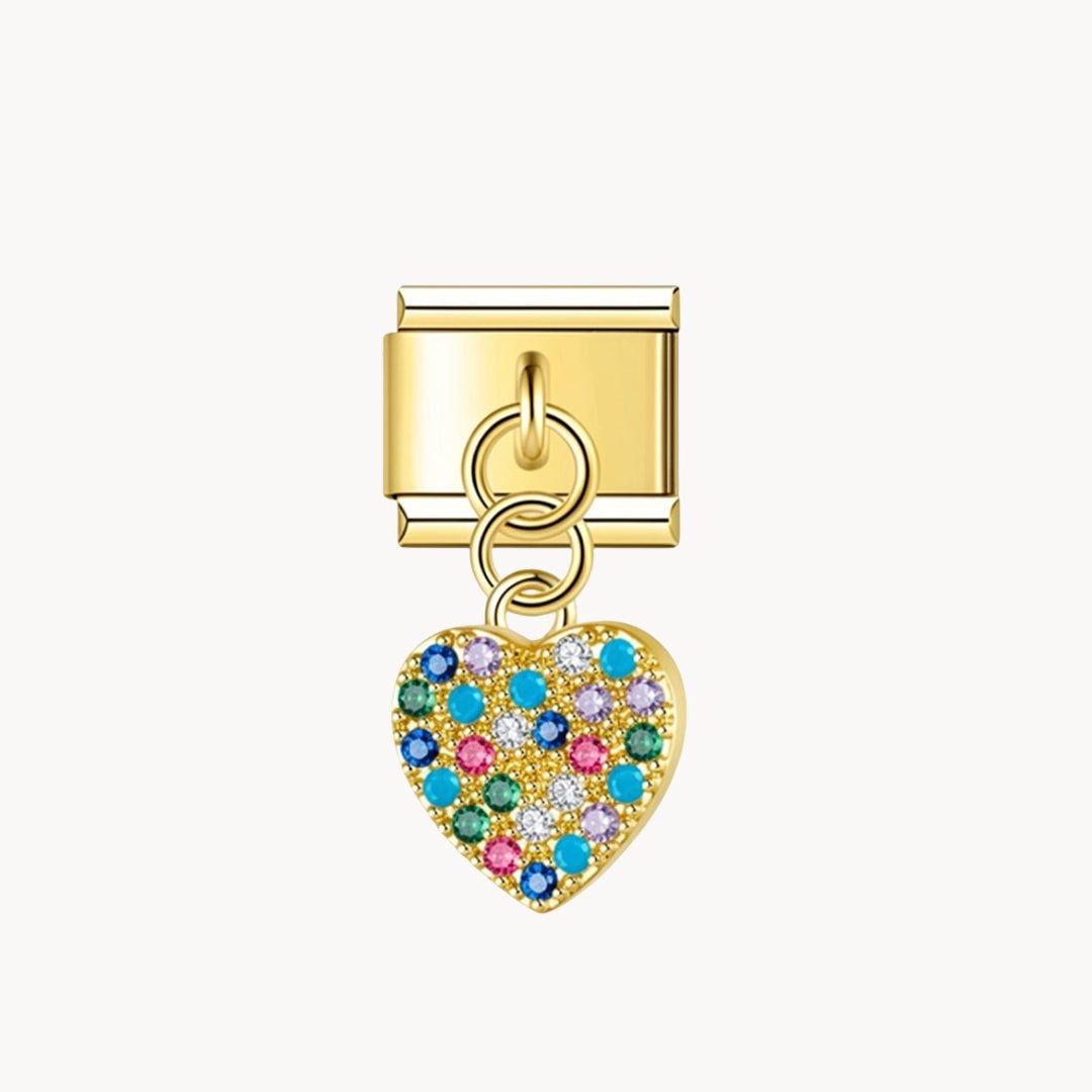 Charm italien Pendentif cœur multicolore : cœur doré recouvert de strass multicolores, suspendu