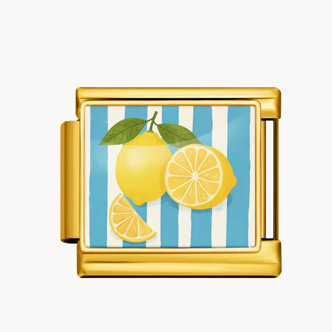 Charm italien Charm citrons : un citron entier et une tranche sur rayures bleu clair et blanc