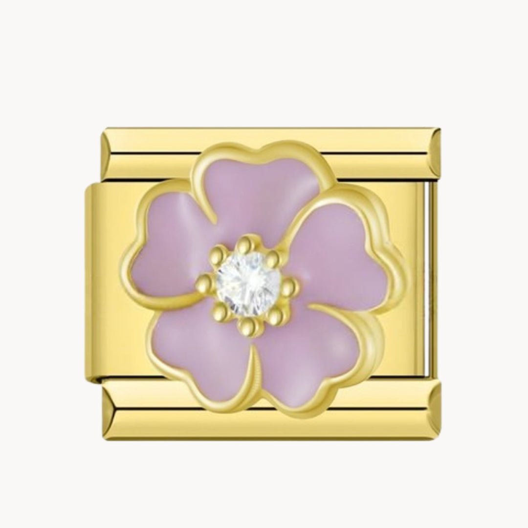 Charm italien Charm fleur brillante : fleur mauve à cinq pétales avec un strass au centre