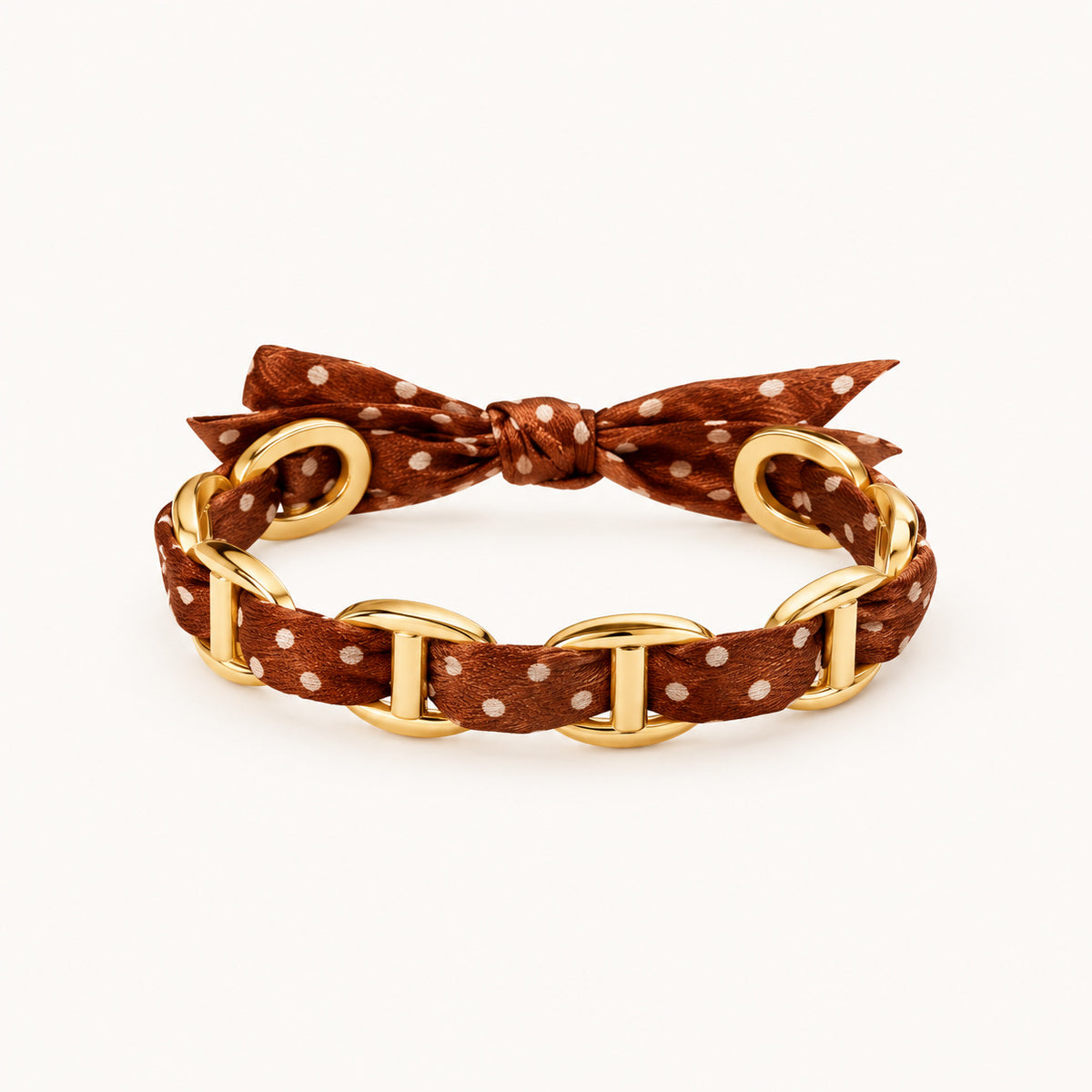 Jonc Hazel, bracelet ruban satin marron à pois blancs et anneaux dorés