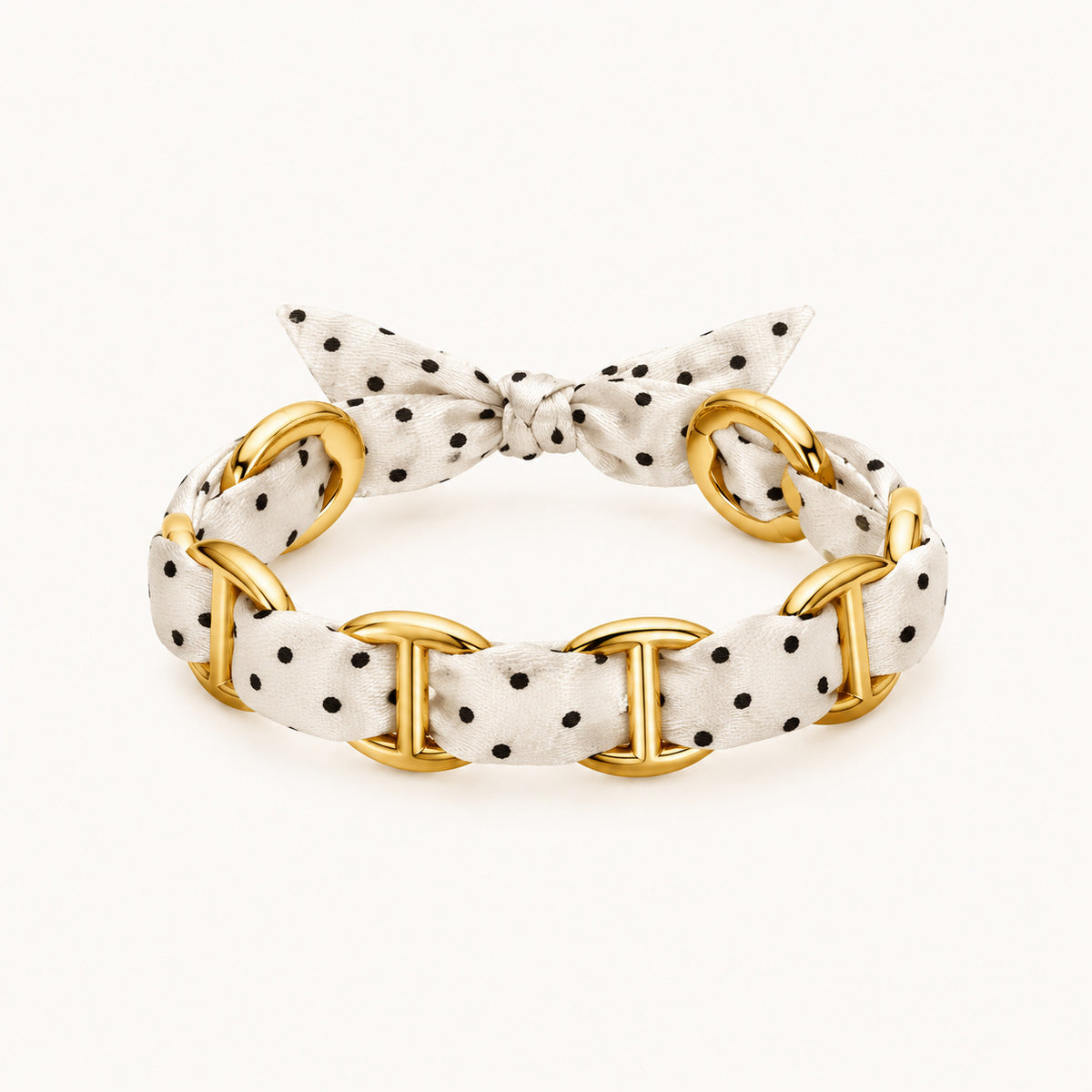 Jonc Polka, bracelet ruban satin blanc à pois noirs et anneaux dorés