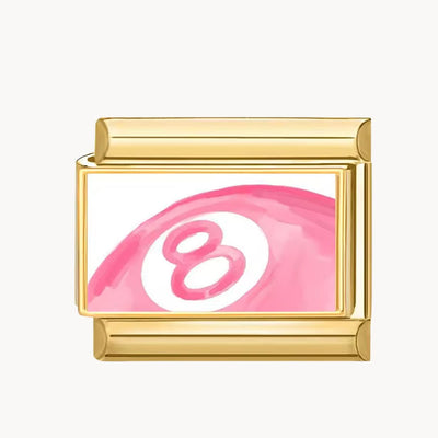 Charm italien Lucky 8 : boule de billard n°8 rose et blanche, fond blanc