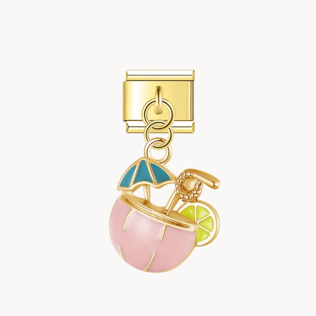 Charm italien Pendentif cocktail plage : cocktail rose avec parasol, citron vert et paille, suspendu