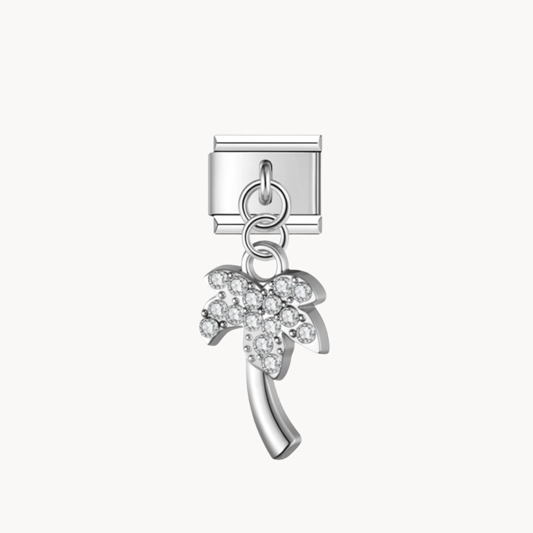 Charm italien Pendentif palmier, autre coloris : palmier doré recouvert de strass, suspendu