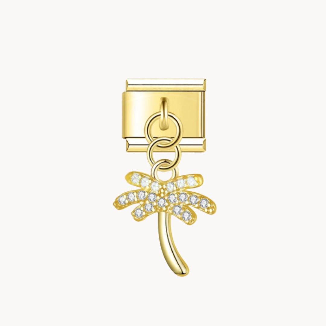 Charm italien Pendentif palmier : palmier doré recouvert de strass, suspendu