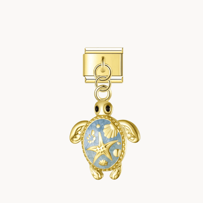 Charm italien Pendentif tortue étoile de mer bleue : tortue bleu clair à motifs dorés, suspendue