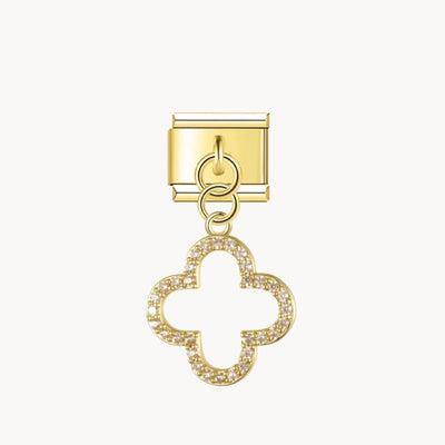 Charm italien Pendentif trèfle : trèfle à quatre feuilles doré recouvert de strass, suspendu
