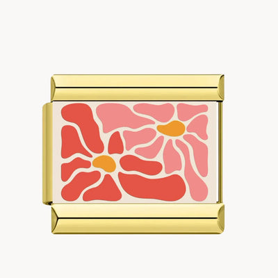 Charm italien Summer bloom : fleurs roses stylisées à cœur jaune sur fond rose pâle, cadre doré